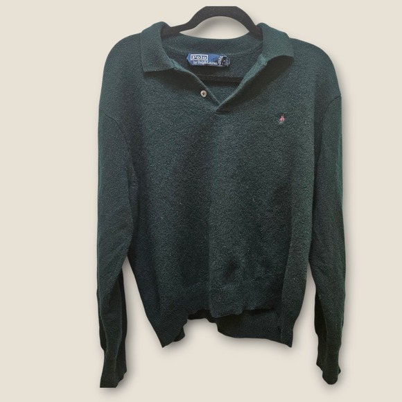 VTG Polo by Ralph Lauren XXL Green Wool Polo Shirt Sweater Pink Pony Logo - Picture 1 of 9